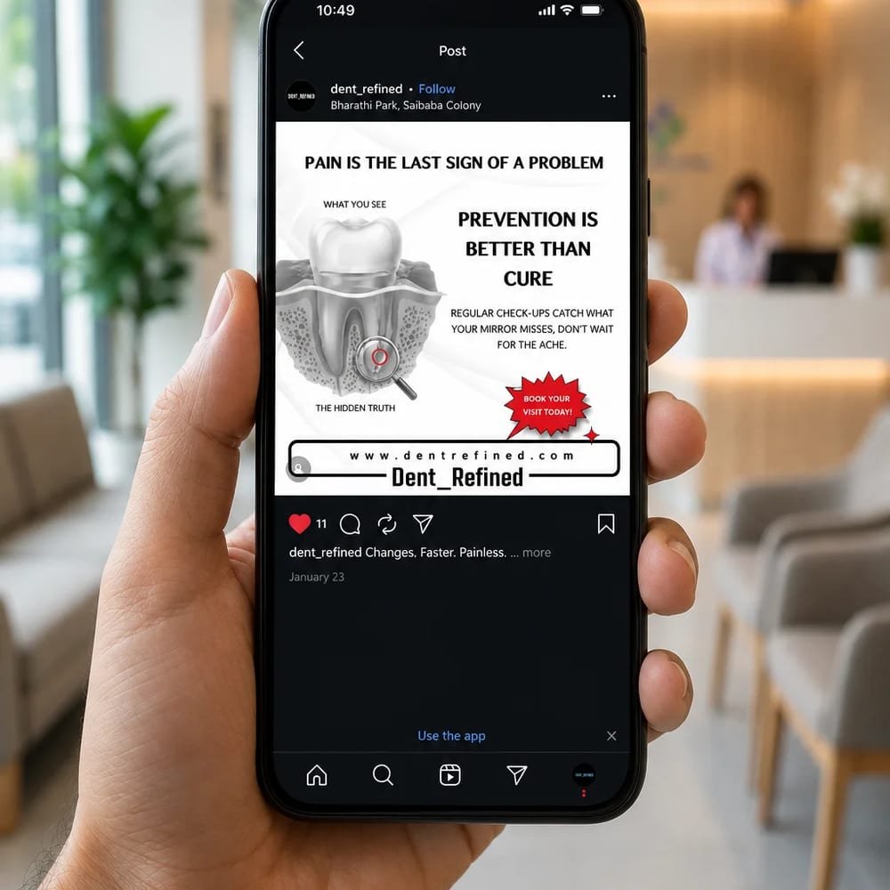 Dent_Refined Instagram post about preventive dental care, shown on a phone