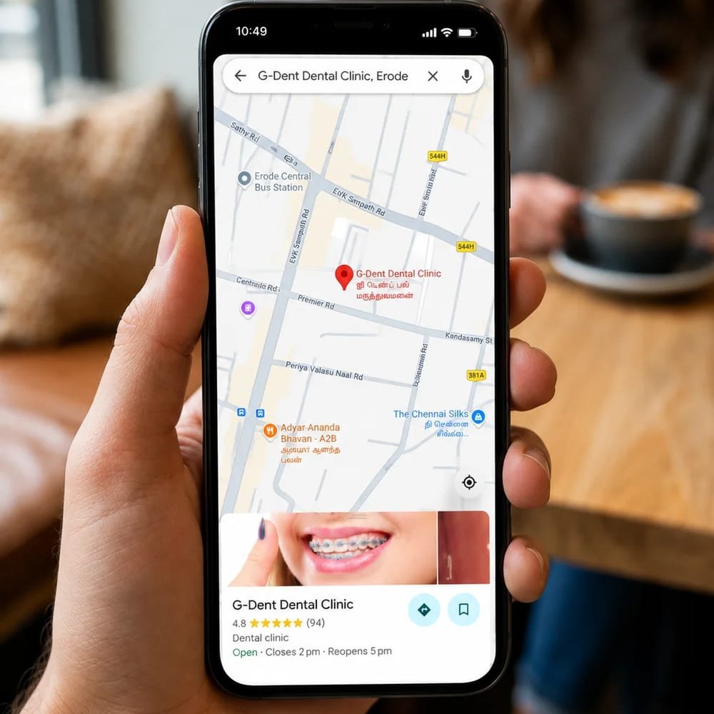 G-Dent Dental Clinic listing on Google Maps, shown on a phone