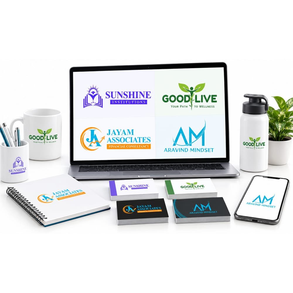 Logos designed by SRT Digital Solutions for Sunshine Institutions, Good Live, Jayam Associates and Aravind Mindset, shown on a laptop, mug, cards and phone
