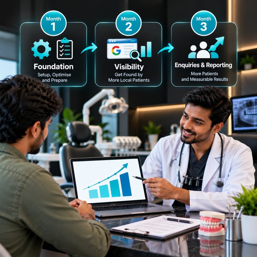 Sample 90-day roadmap: foundation, visibility, then enquiries and reporting