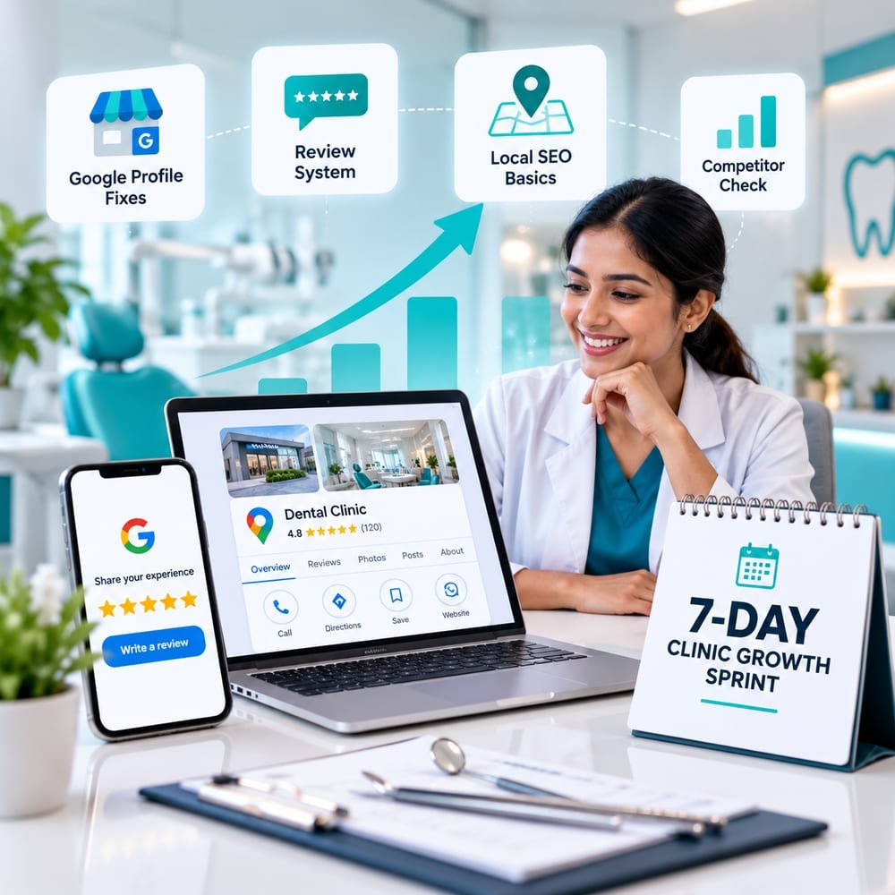 Sample 7-day clinic growth sprint: Google profile fixes, review system, local SEO basics and competitor check