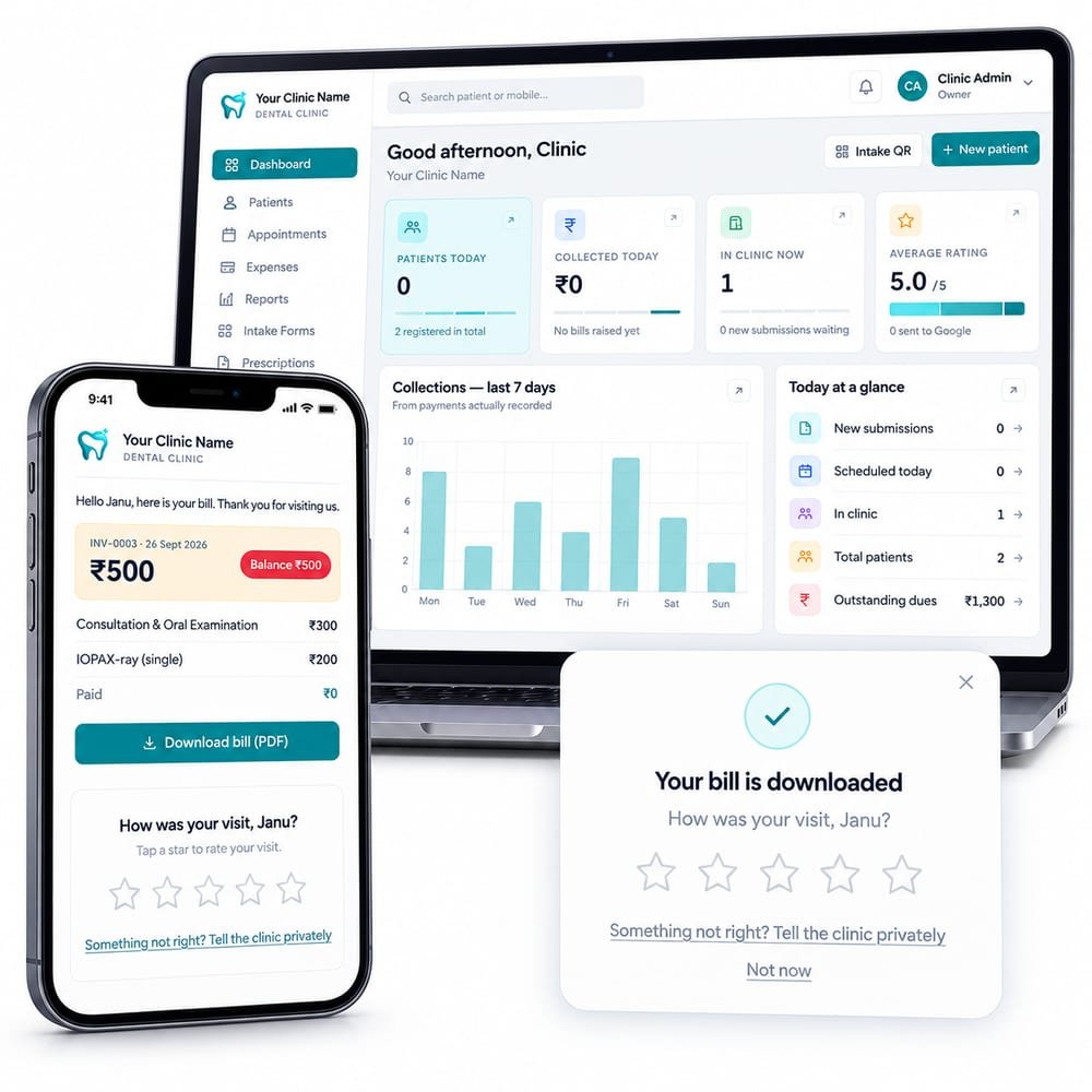 SRT Review Flow: clinic dashboard, patient bill and Google review request screens