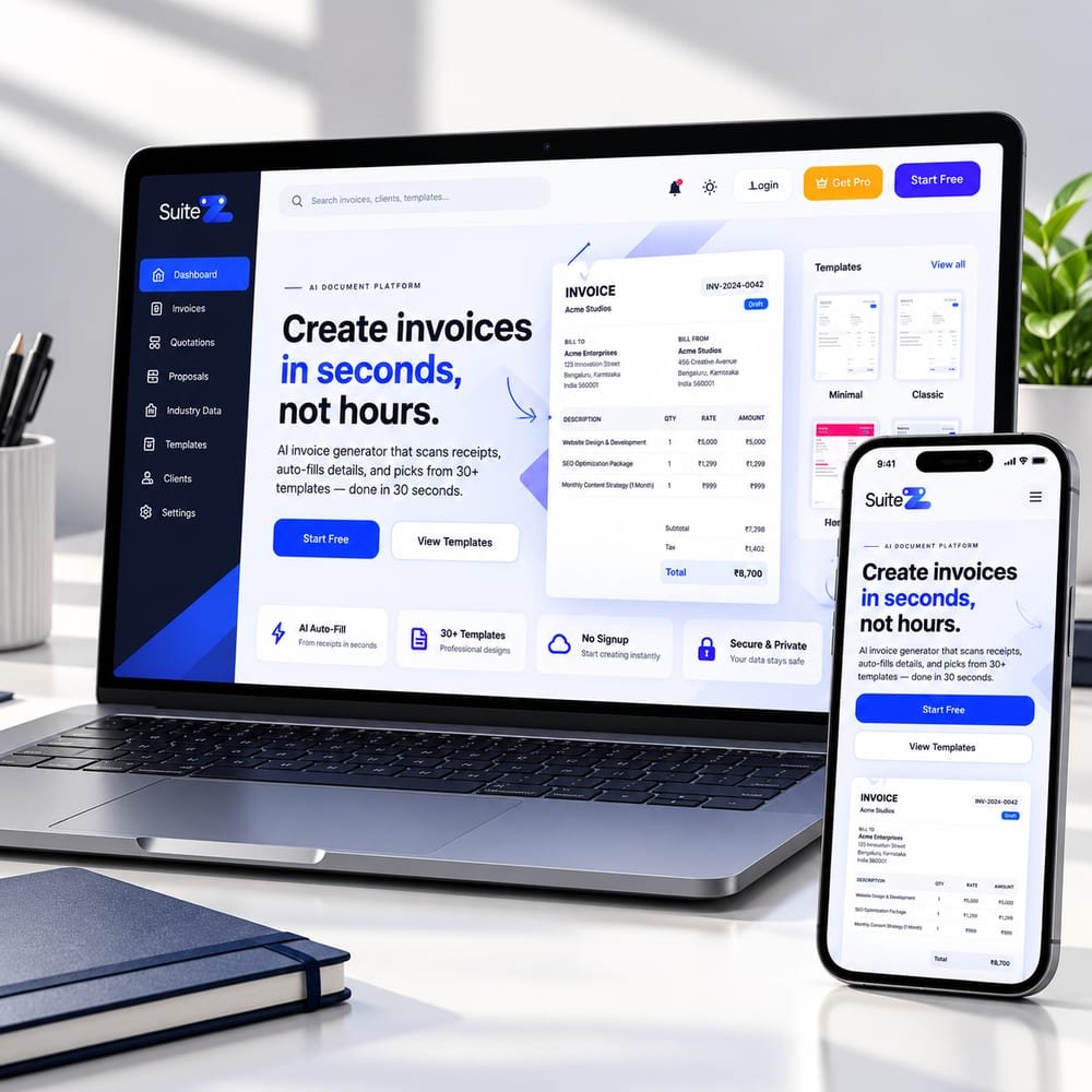 SuiteZ invoice platform on a laptop and phone, with the headline Create invoices in seconds, not hours.