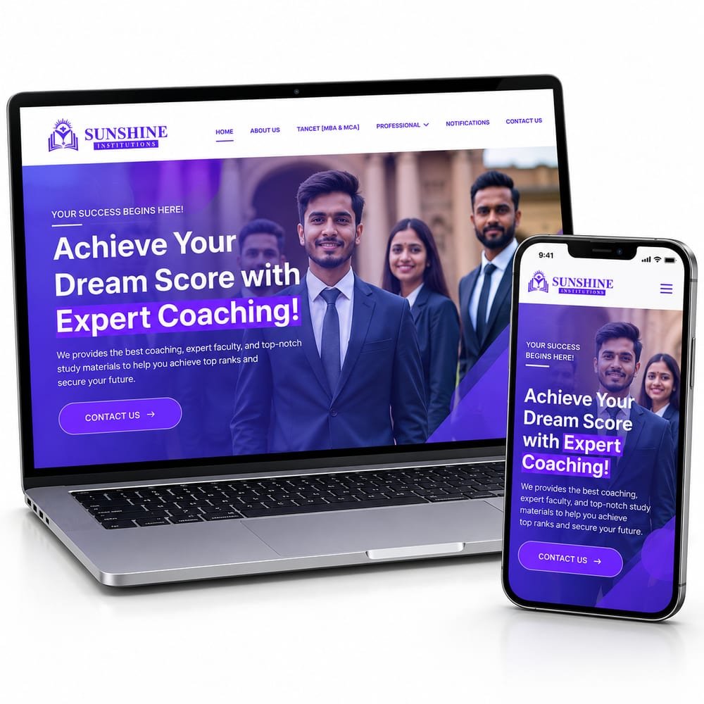 Sunshine Institutions website on a laptop and phone, with the headline Achieve Your Dream Score with Expert Coaching.