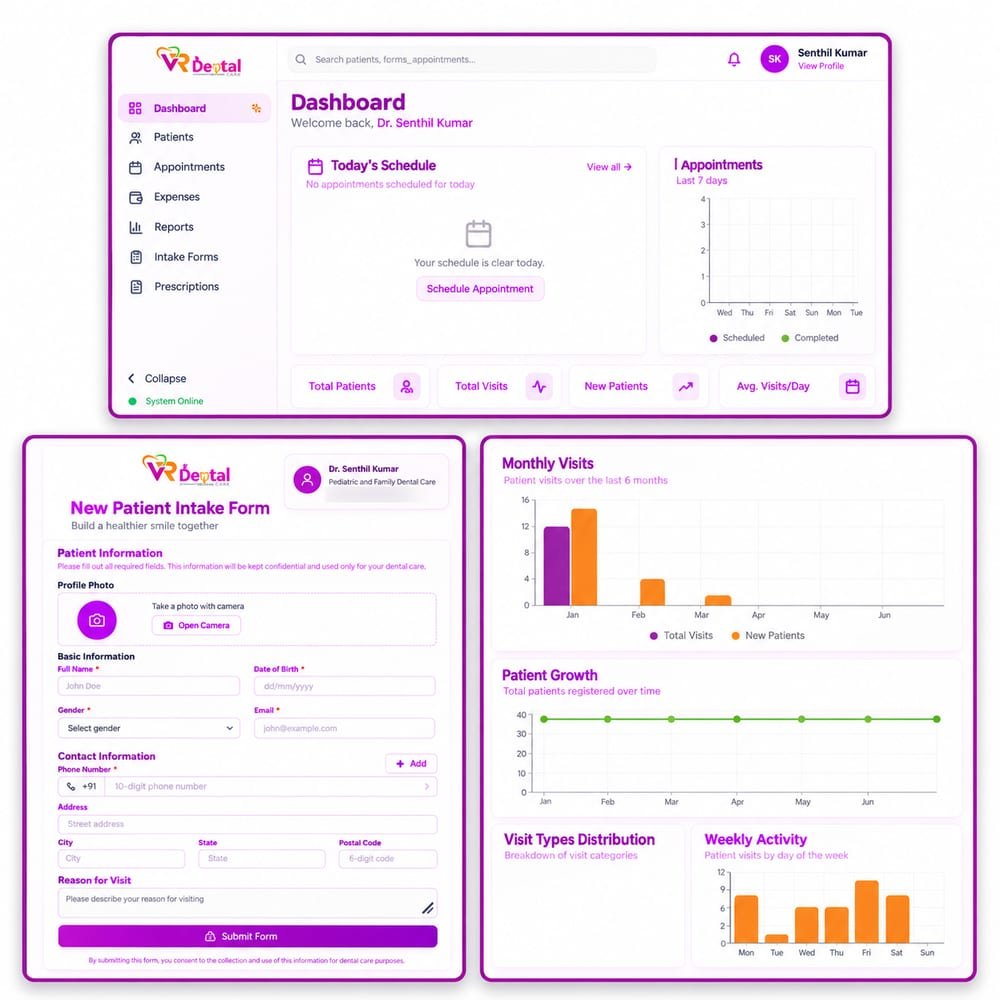 VR Dental patient intake form and clinic dashboard screens